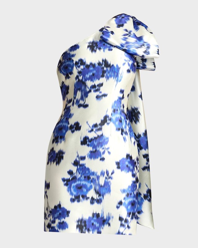 One-Shoulder Floral-Print Bow Mini Dress